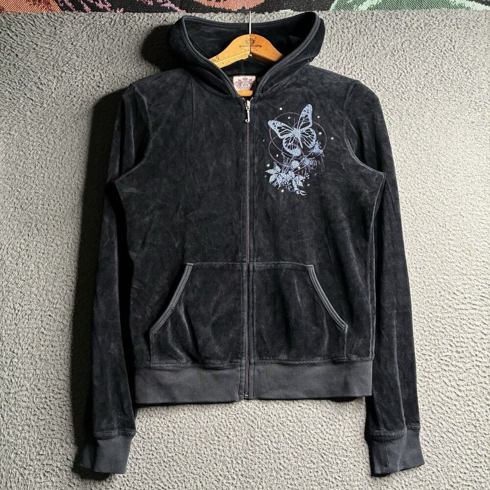 Vintage y2k Juicy Couture Zip Up Hoodie Womens Large Black Velour Made In USA